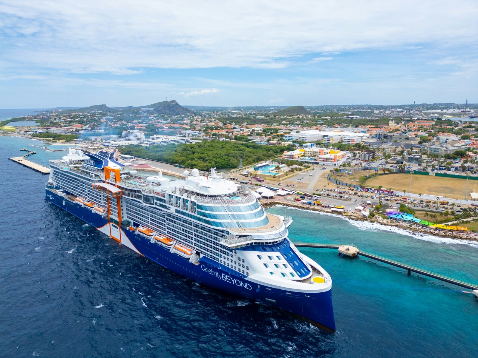 Cruise ship docked in a tropical Caribbean port